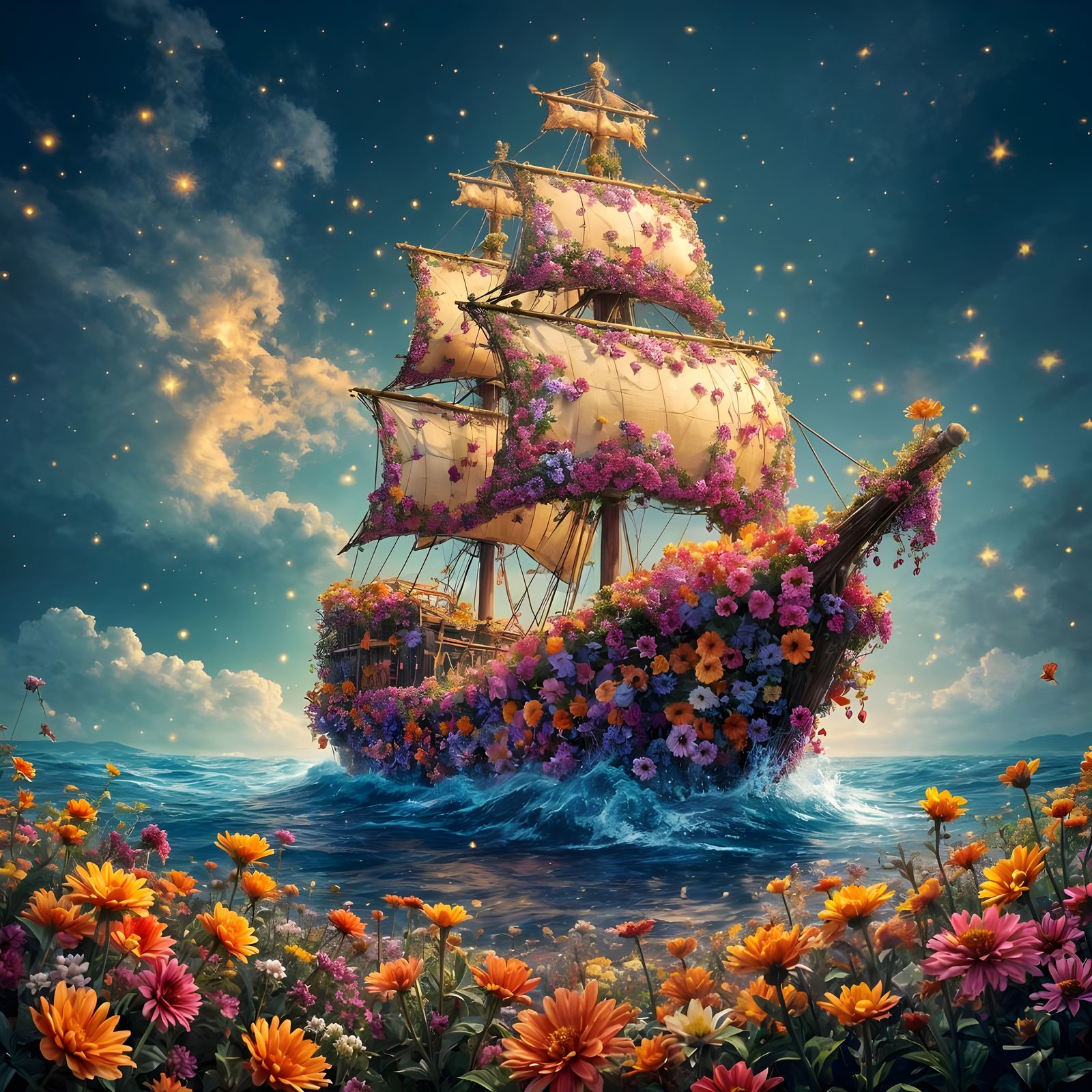 Vibrant Floral Pirate Ship Sails in a Tropical Paradise