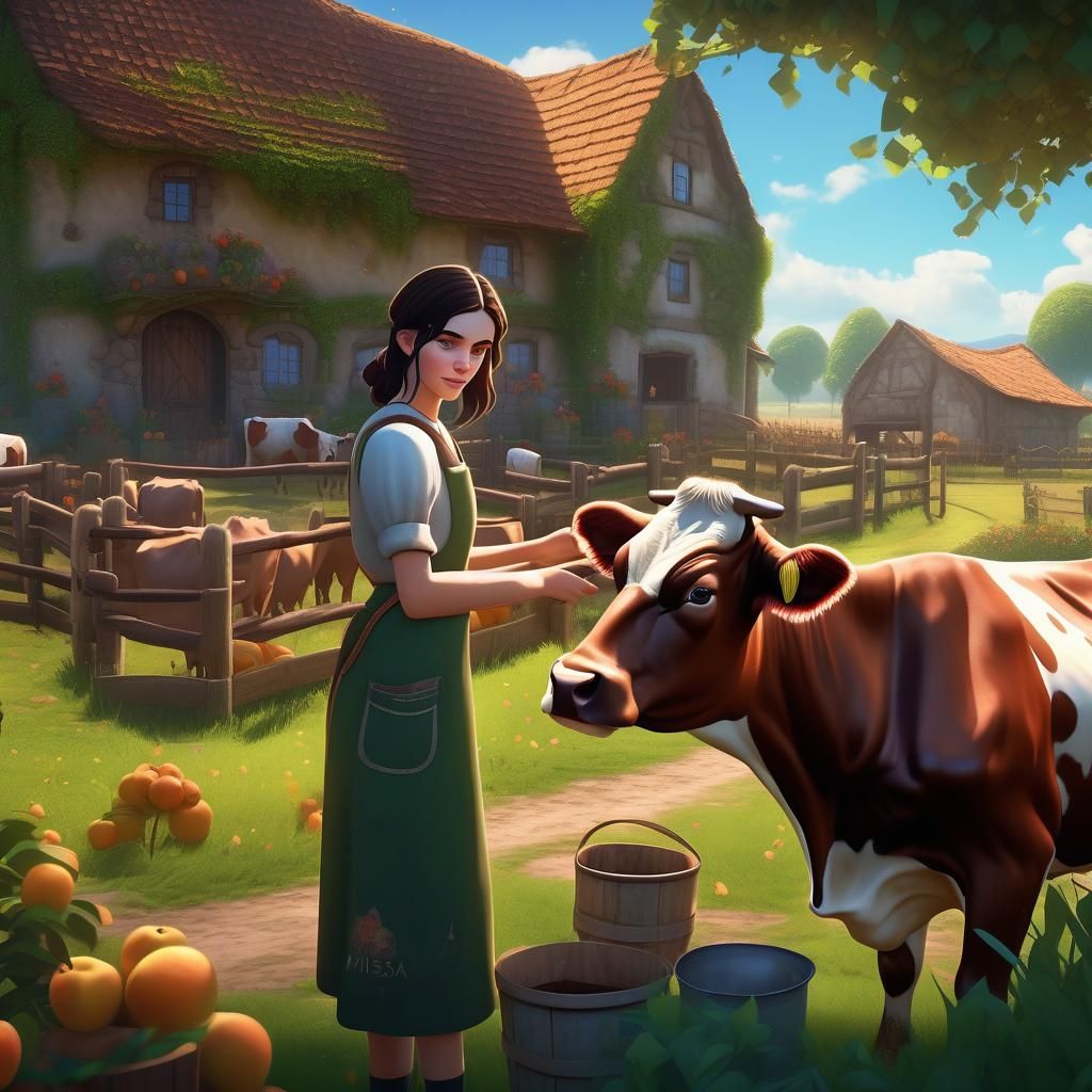 Farm Girl Milking Cow: Detailed Matte Painting