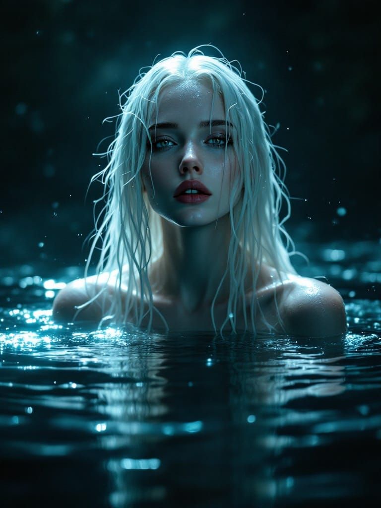 Ethereal Woman Emerges from Water in Cinematic Light
