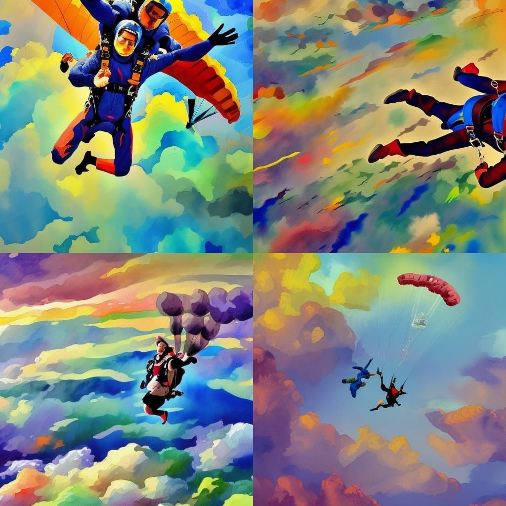 Skydivers in Gouache Style Impressionist Masterpiece