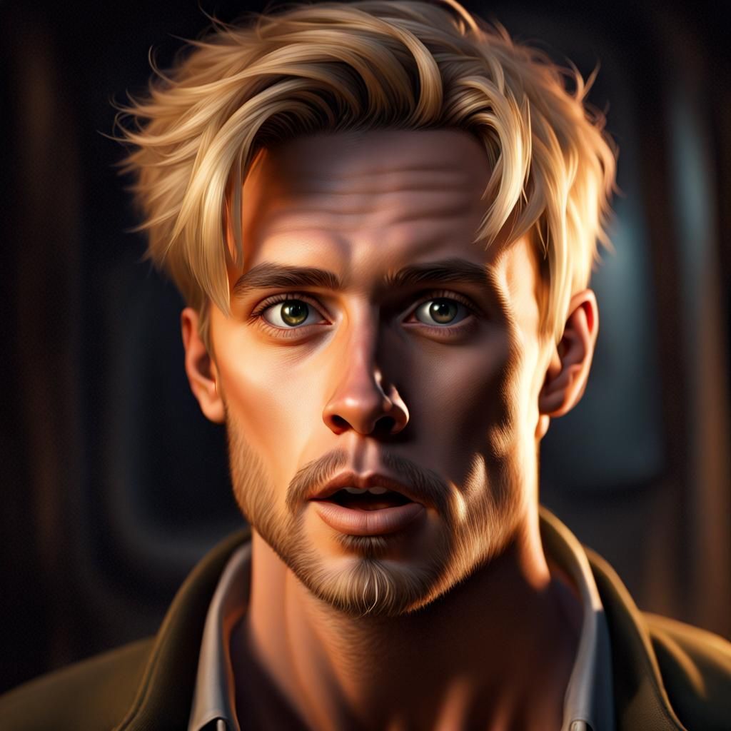 Surprised Blond Man in Subterranean Torchlight