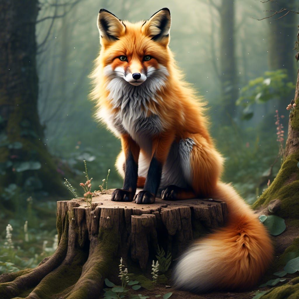 Hyperrealistic Fluffy Fox on Stump Illustration