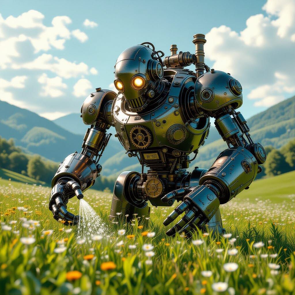 Clockwork Golem Tending Wildflowers in Steampunk Style