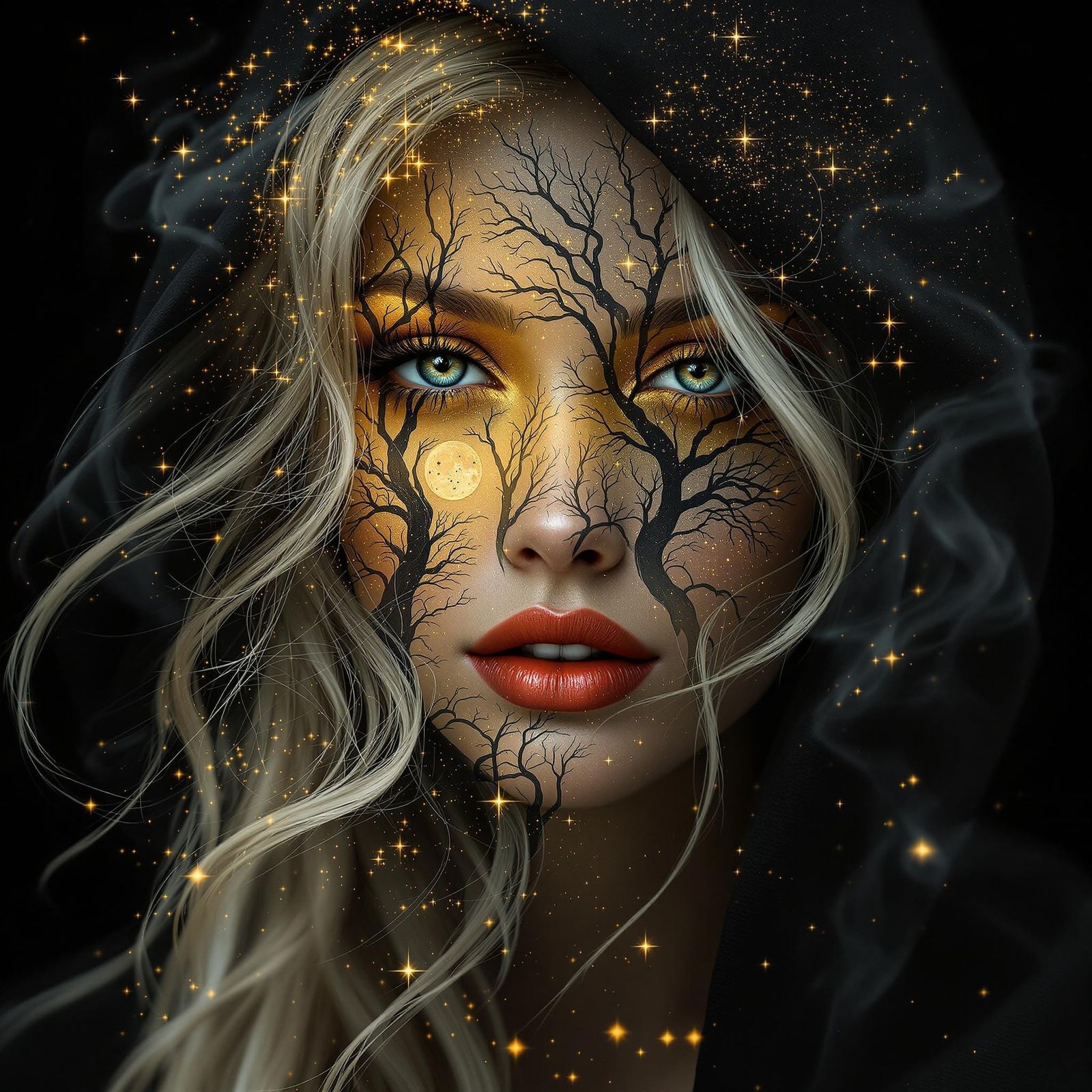 Mystical Woman in Starry Forest: Surreal Scene