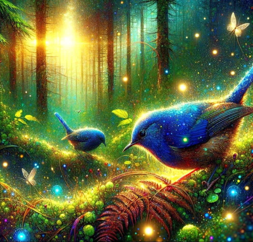 Whimsical Watercolour Forest Scene with Vibrant Blue Wrens