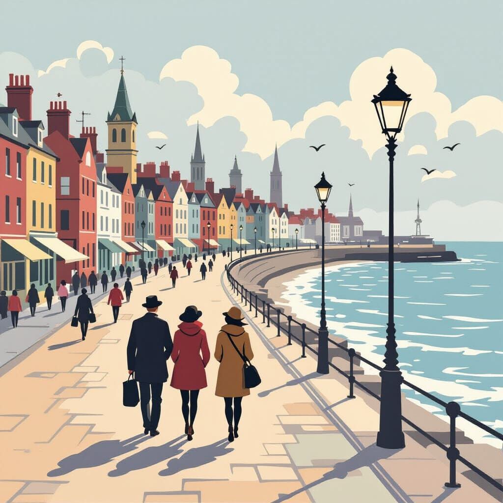 Seaside Promenade in L. S. Lowry Style