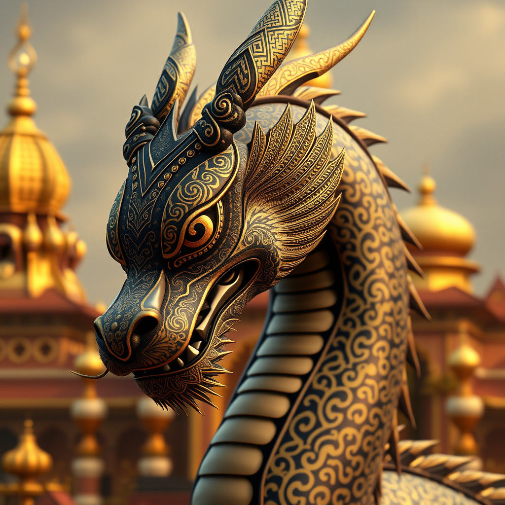 Henna Dragon with Golden Temple in Art Deco Style