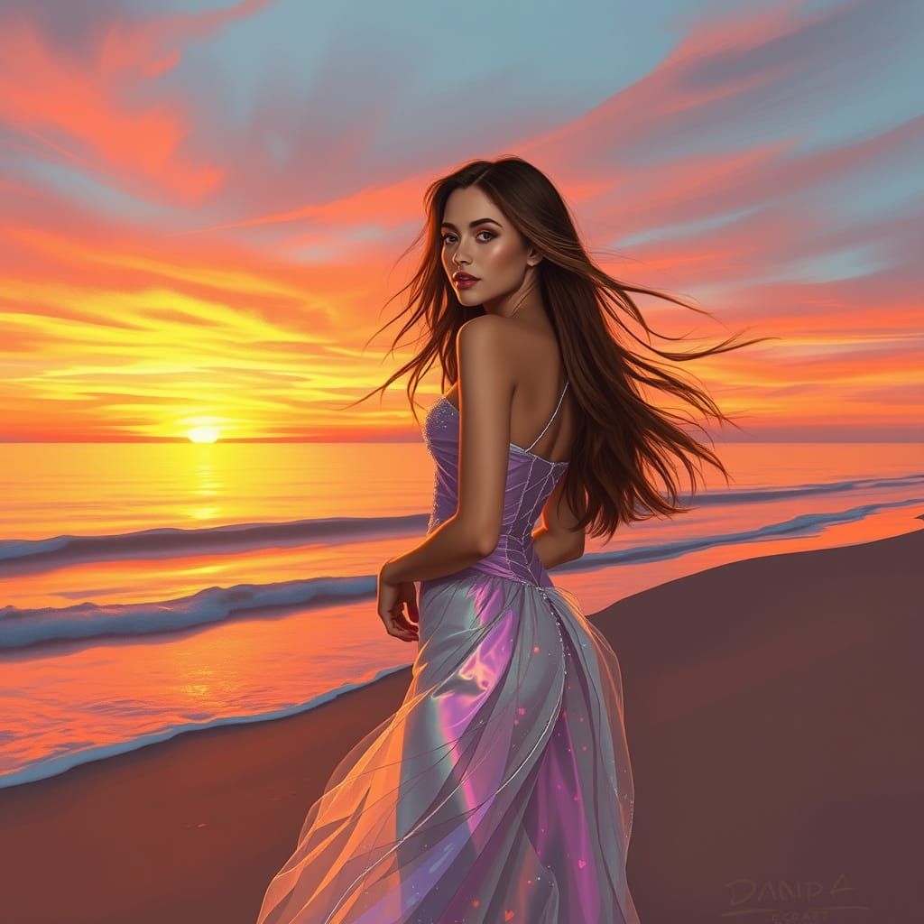 Elegant Woman Meets Sunset in a Glass Gown