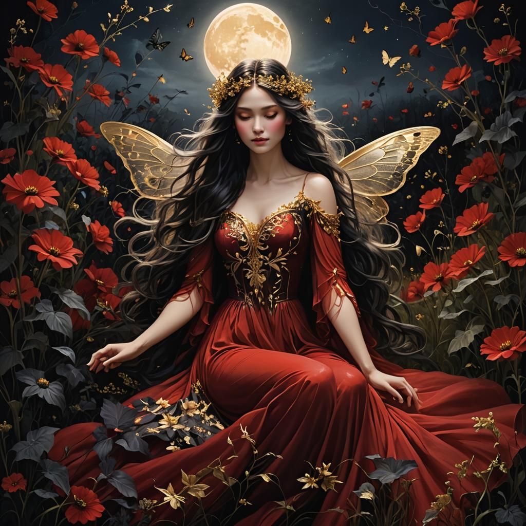 Moonlit Fairy in Red Gown with Butterfly