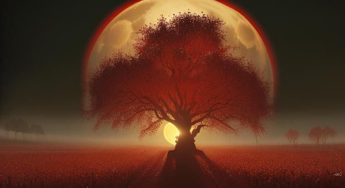 Harvest Moon and Grim Reaper in Autumn Forest