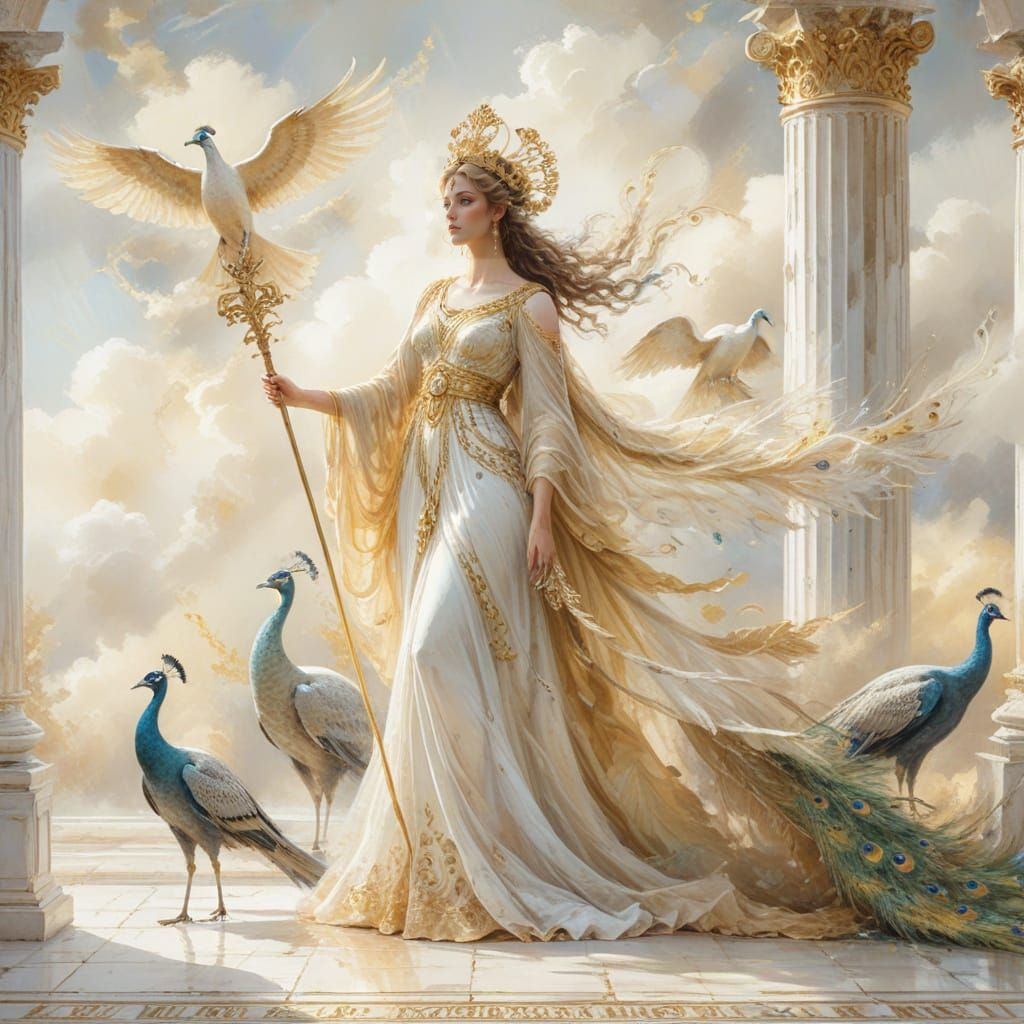 Regal Hera, Queen of Olympus, in Ethereal Watercolor Style