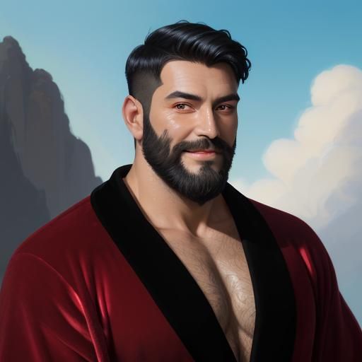 Hirsute Man in Red Velvet Bathrobe, Impasto Painting