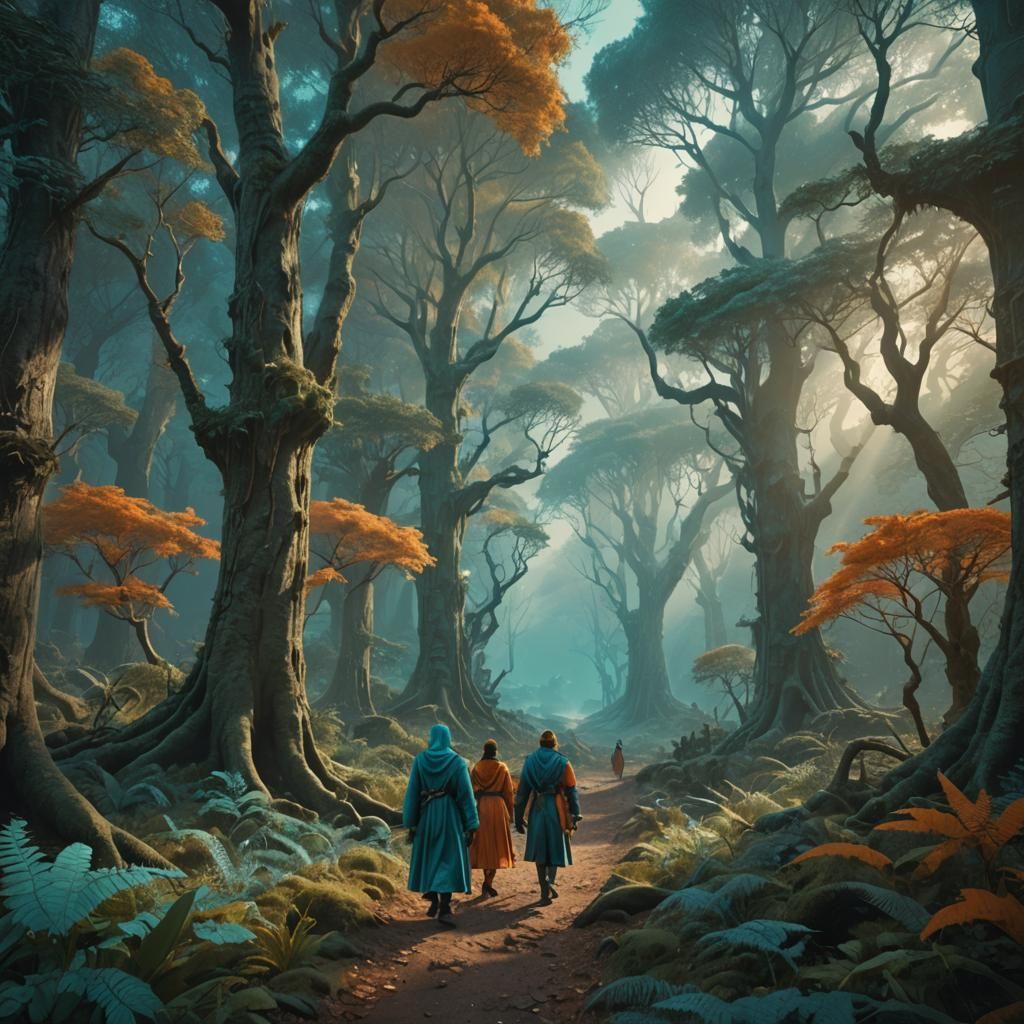 People in Turquoise Outfits in Mystical Forest