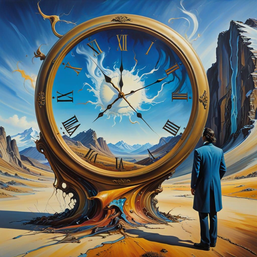 Surreal Clock Distorted by Wind with Person and Mountains