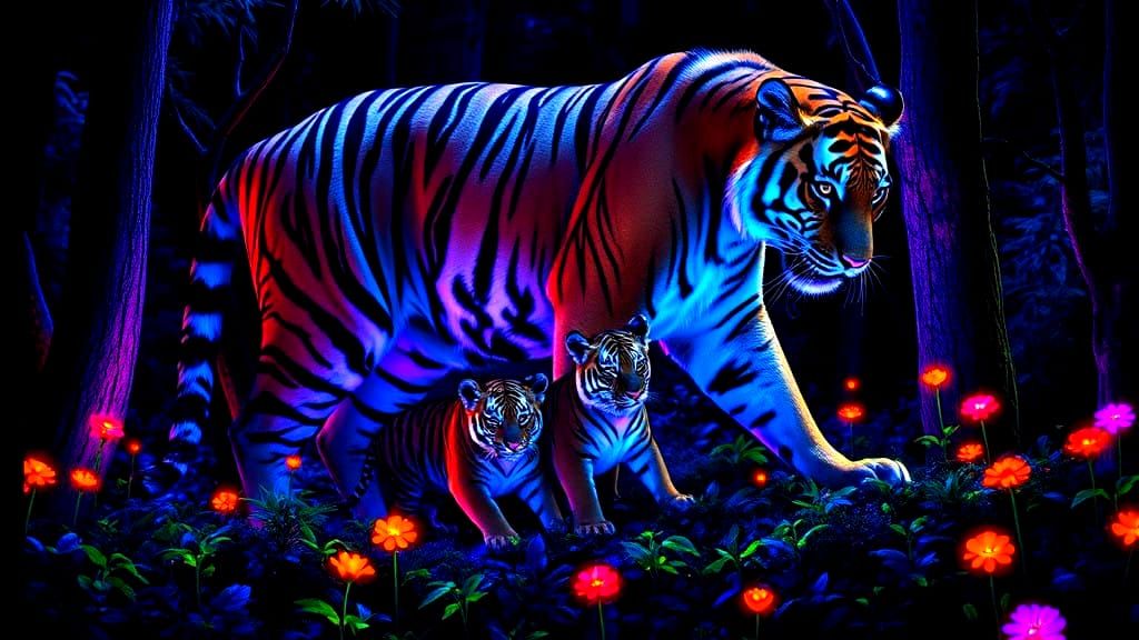 Majestic Tiger Family Under UV Blacklight in Glowing Forest