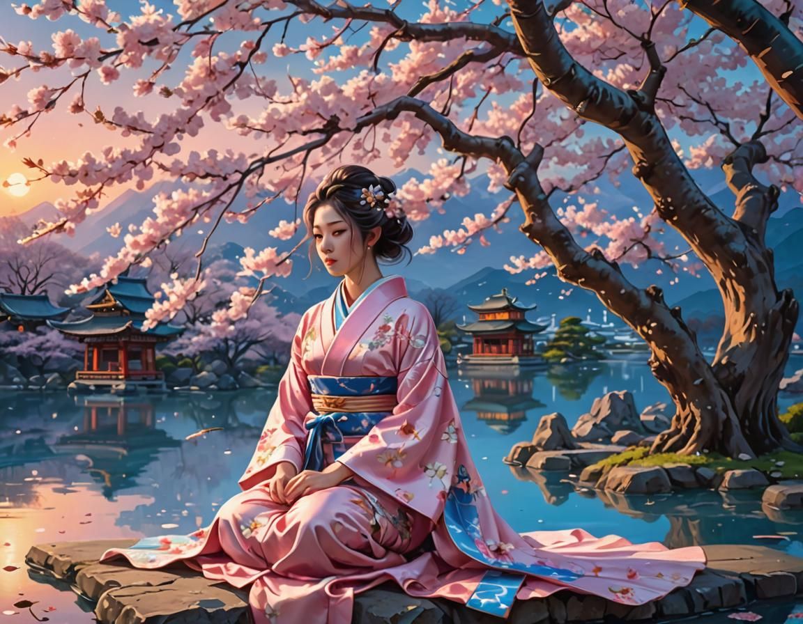 Japanese Princess Under Cherry Blossoms at Sunset