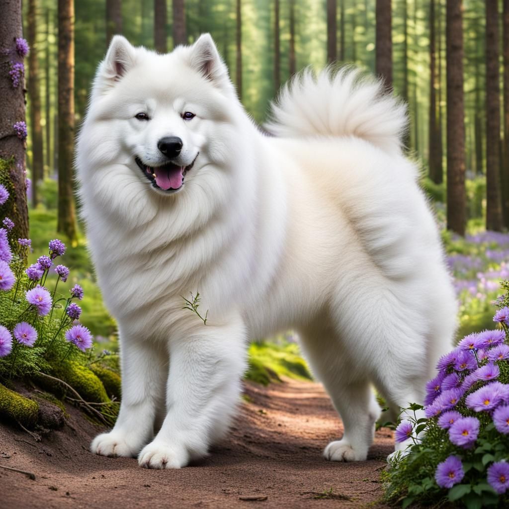 Samoyed Dog with Purple Flowers in Forest