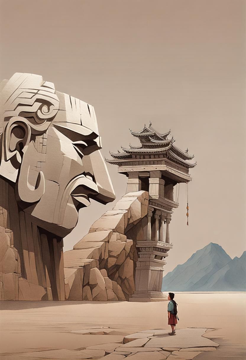 Mountain Head Temple with Stone Bridge, Realistic Illustrati...