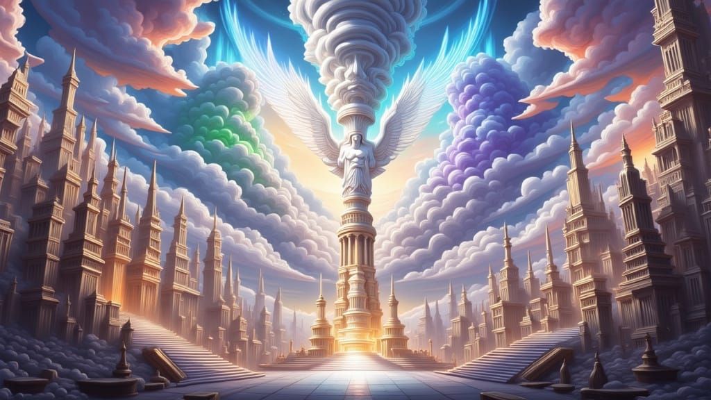 Ethereal City of Light Among Iridescent Clouds