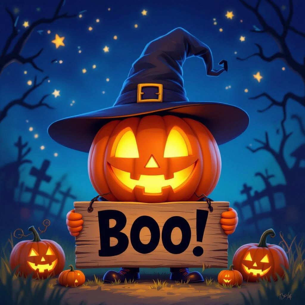 Cheerful Cartoon Pumpkin in Witch Hat Holding 'Boo!' Sign