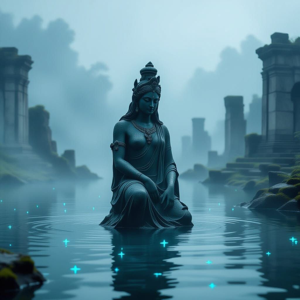 Ancient Deity Statue in Misty Lake, Impressionistic Style