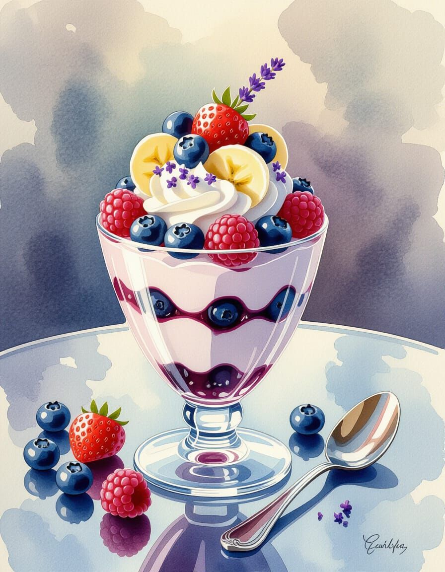 Blueberry Parfait in Watercolor Beatrix Potter Style