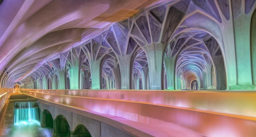 Vibrant Underground City with Waterfalls and Light