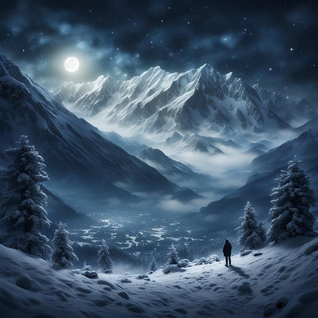 Snowfall at Night: Ant's-Eye View of Mountains