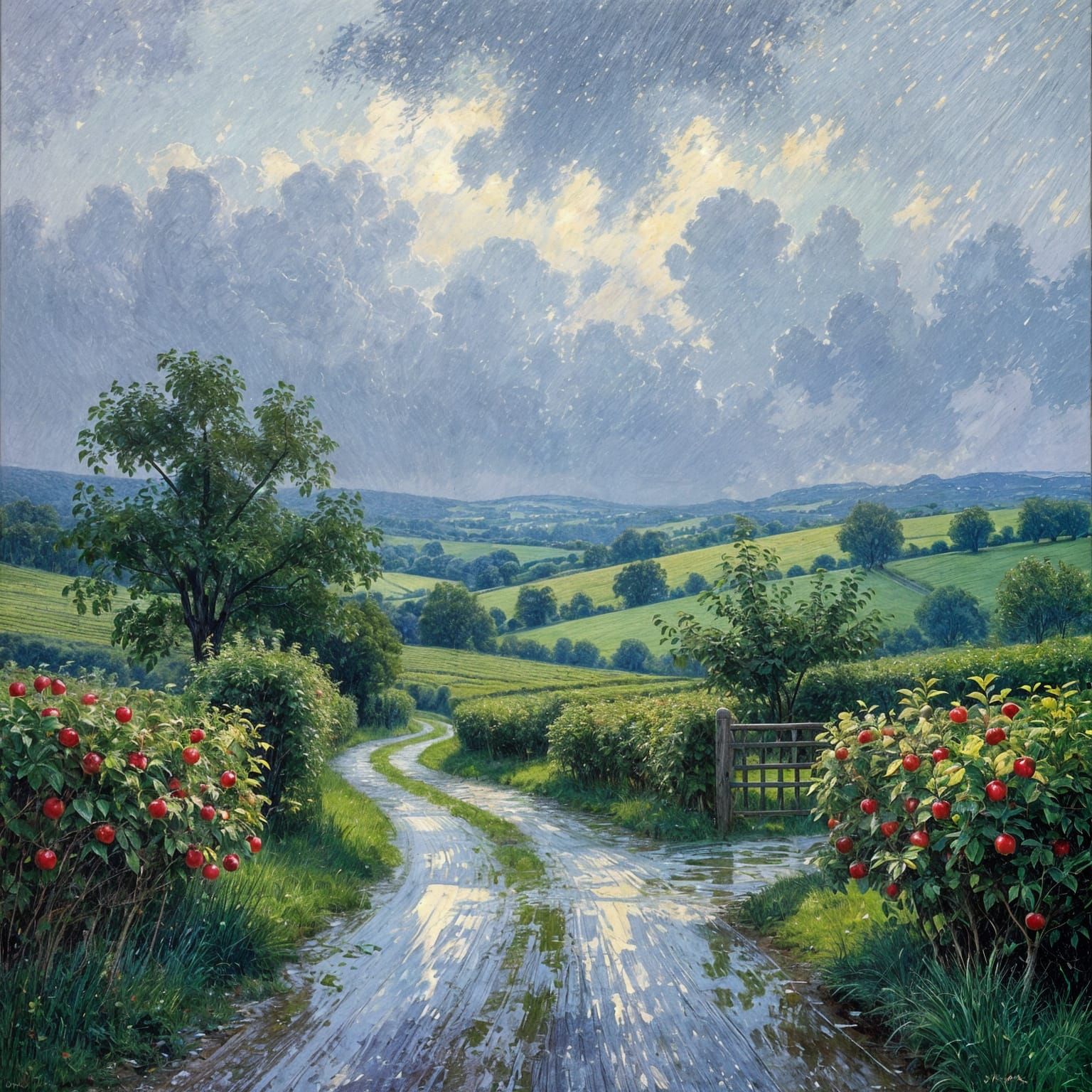 Impressionist Slad Valley After Rain with Apple Orchards