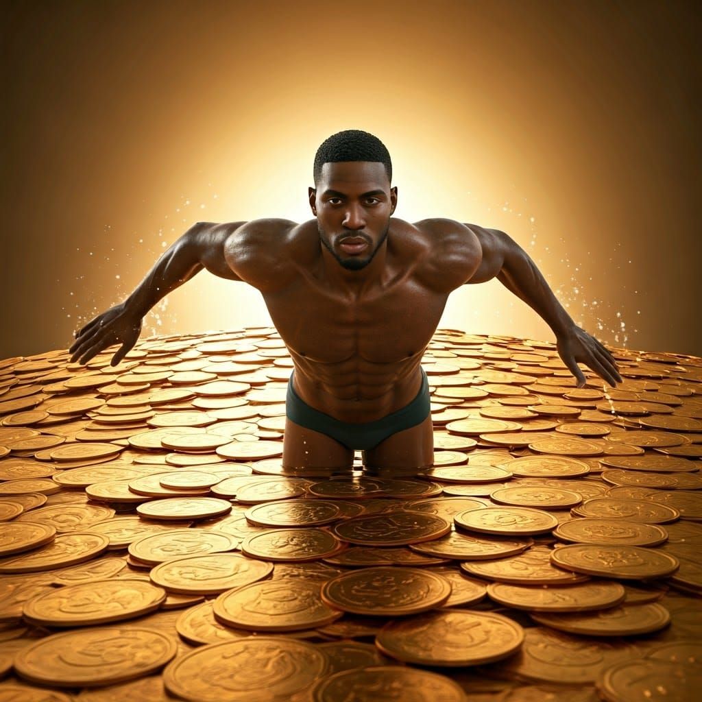 Black Swimmer in Gold Coins: Hyperrealistic 4K Photo
