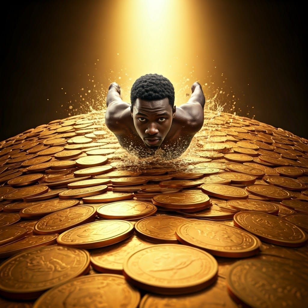 Man Swimming Through Gold Coins: Realistic 4K Photo