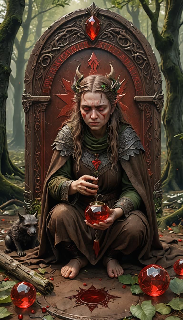 Crying Goddess Begs Griffon in Medieval Woods