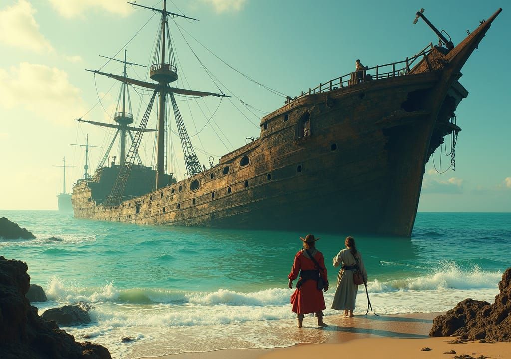 Majestic Shipwreck with Pirates in Surreal Seascape