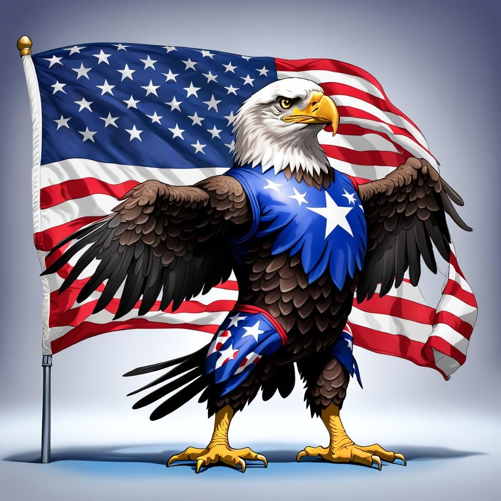 The USA Bald Eagle wearing the USA Flag doing gymnastics.