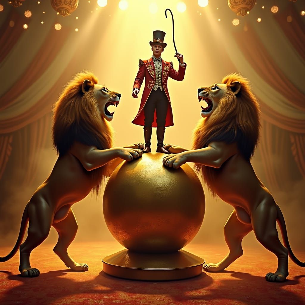 Lions Roaring in Circus, Animal Tamer on Sphere