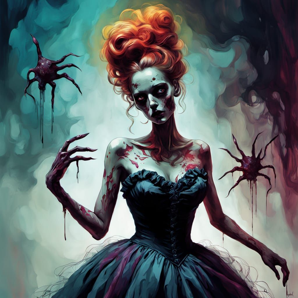 Surreal Zombie Woman in Ballgown, Psychedelic Art Style