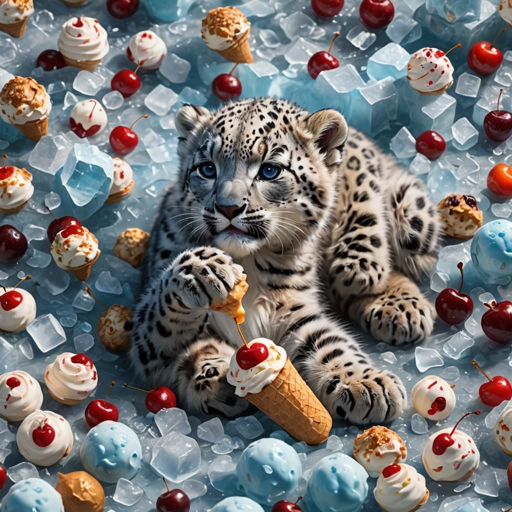 Snow Leopard Cub Licking Cherry in Ice Cream Pile