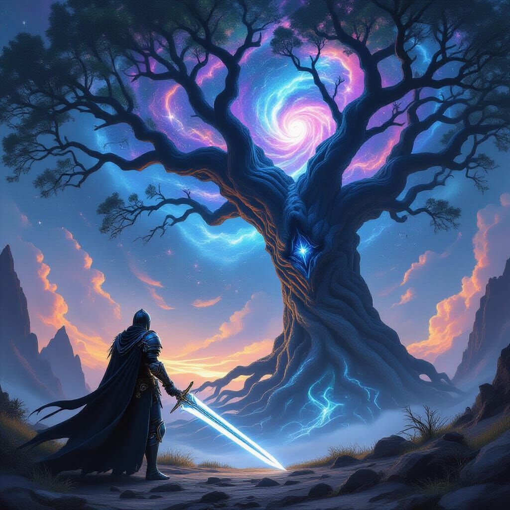 Knight in Obsidian Armor Before Cosmic Tree