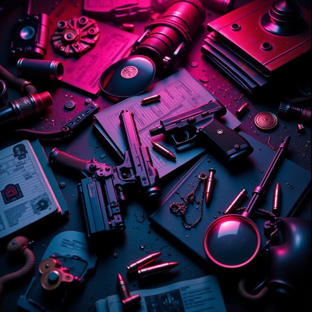 Detective Noir Still Life in Cyberpunk Style