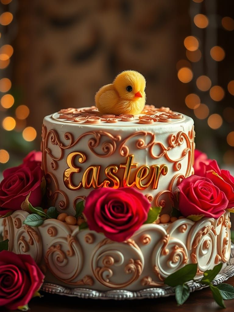 Elegant Rococo Easter Cake with Glacé Chick and Roses