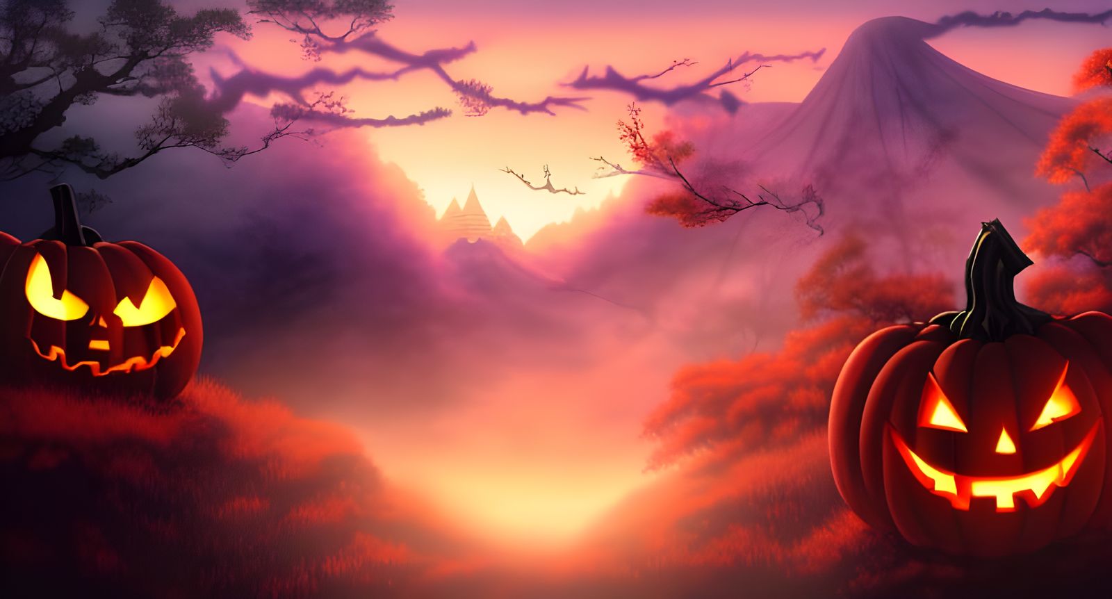 Anime Halloween Forest with Bats and Jack O' Lanterns