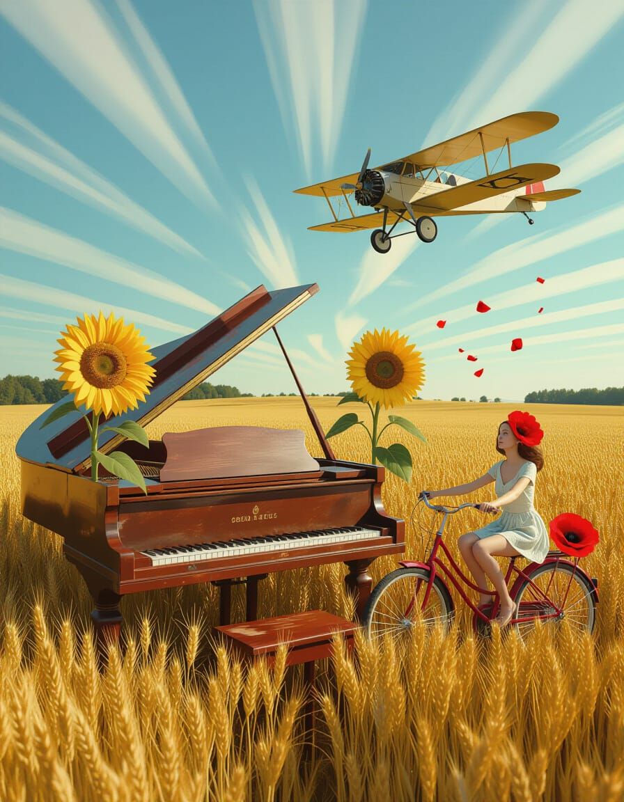 Surreal Wheat Field Piano with Sunflowers and Biplane
