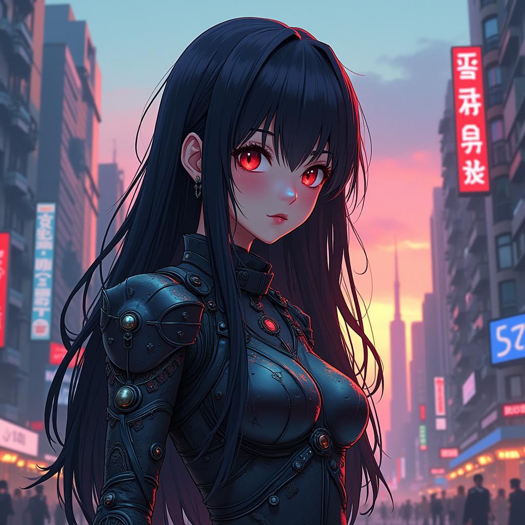 Cyberpunk Anime Portrait with Futuristic Cityscape