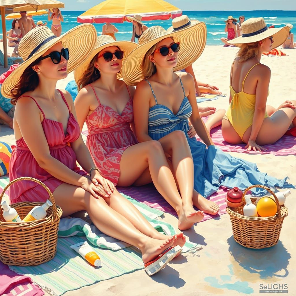 Women in Serene Beach Scene with Vibrant Colors and Impressi...