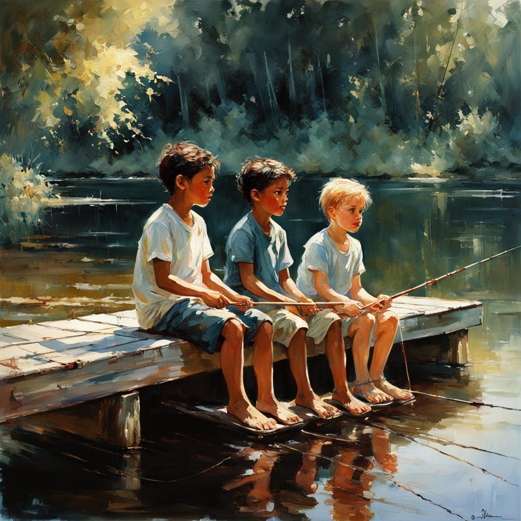 A serene lakeside scene with four children sitting in a row on a wooden dock, facing forward with their legs dangling an...