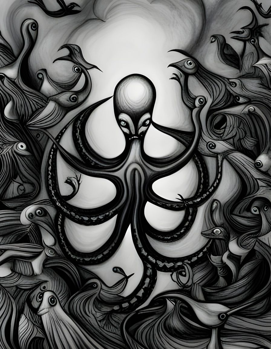 Octopus Surrounded by Birds in Charcoal Drawing