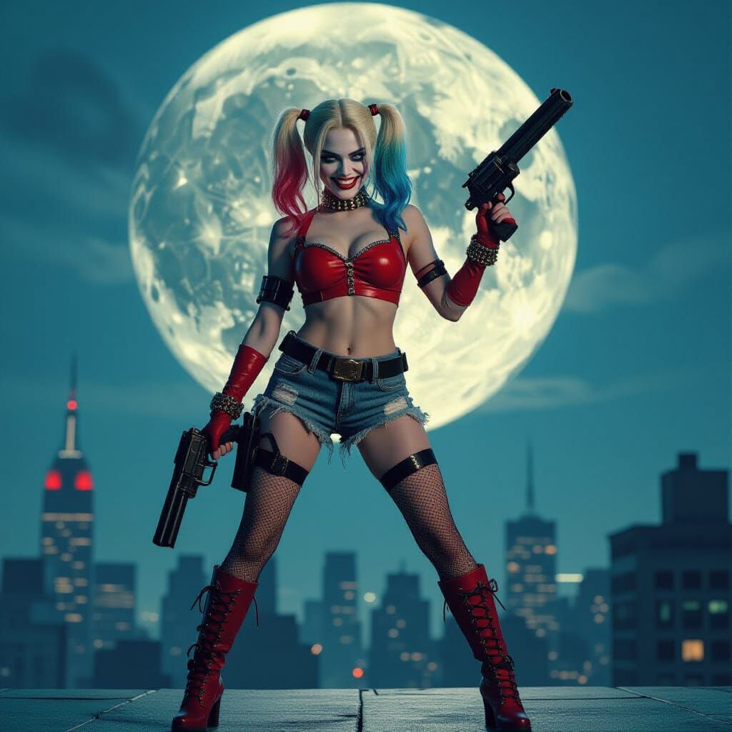 Harley Quinn on Skyscraper Rooftop with Revolver Under Full ...
