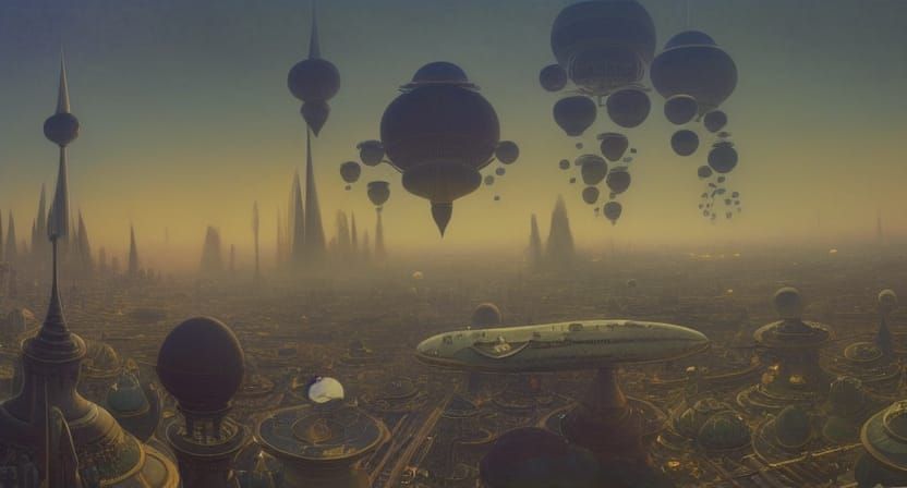 Zeppelins Over Ornate City Arcology in German Expressionism