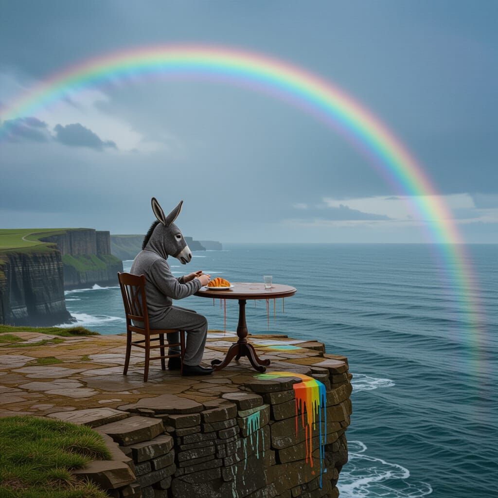 Man in Donkey Costume Eats Croissant on Cliff Edge with Drip...