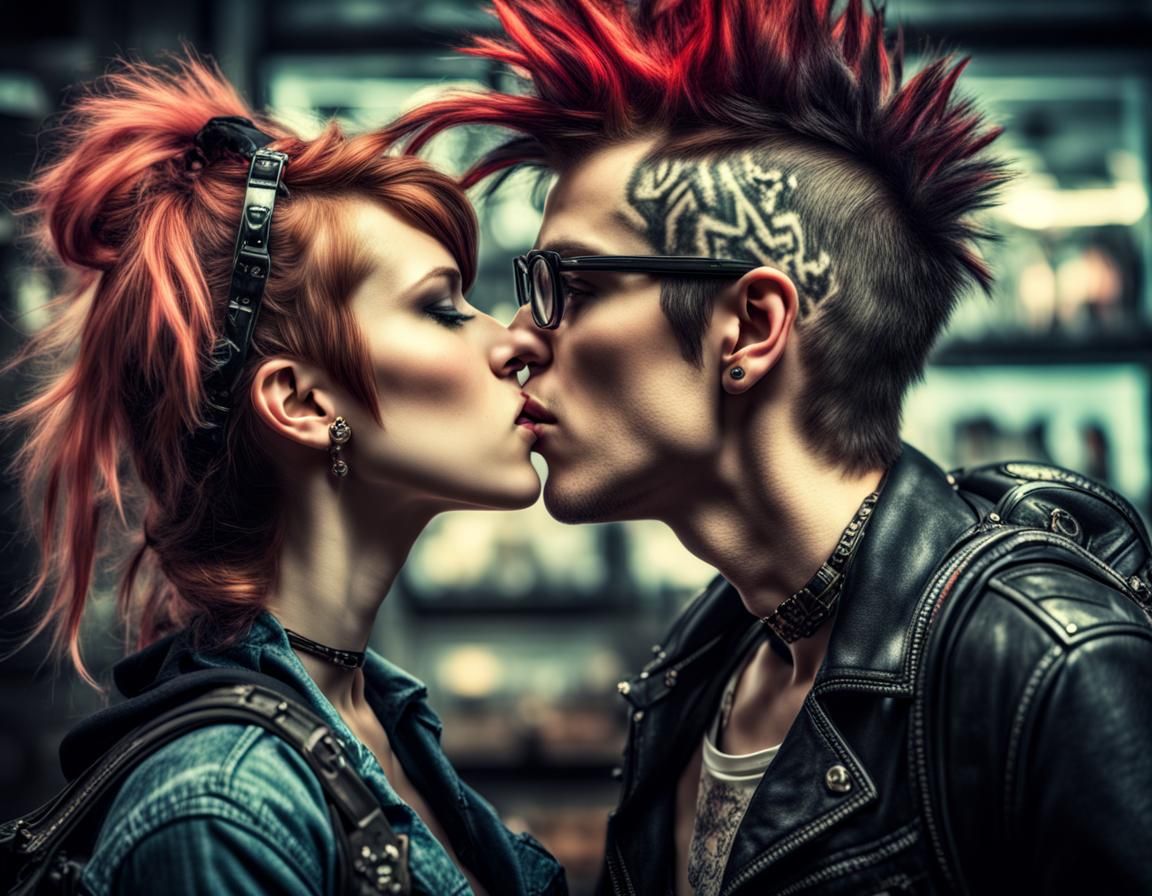 Hyperrealistic Nerd Kisses Punk Girl in Cinematic Style